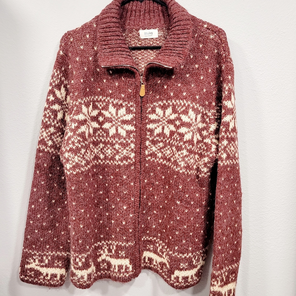 Bluivy Chunky Knit Cardigan Sweater Faire Isle Nordic Oversize Cozy Womens M/L